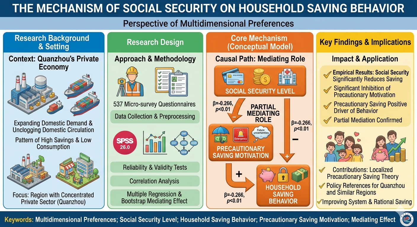 This infographic abstract is designed to summarize the provided research paper on social security and household saving behavior in Quanzhou. It breaks down the study into four clear phases, using a flowchart to highlight the key mediating mechanism. All main variables and the partial mediating effect are visually represented alongside the study's conclusions.