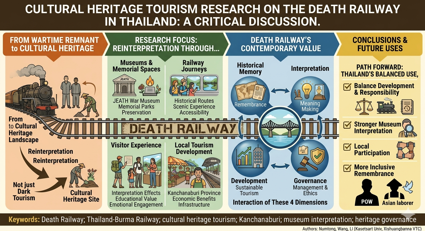 This article critically discusses the Death Railway in Thailand as a cultural heritage tourism landscape rather than merely as a wartime remnant or dark tourism attraction. Focusing on Kanchanaburi, it examines how the railway has been reinterpreted through museums, memorial spaces, railway journeys, visitor experience, local tourism development, and heritage governance. The discussion argues that the Death Railway’s contemporary value lies in the interaction between historical memory, interpretation, development, and governance. It concludes that Thailand’s future use of the Death Railway should balance tourism development with historical responsibility, stronger museum interpretation, local participation, and more inclusive remembrance of both prisoners of war and Asian labourers.